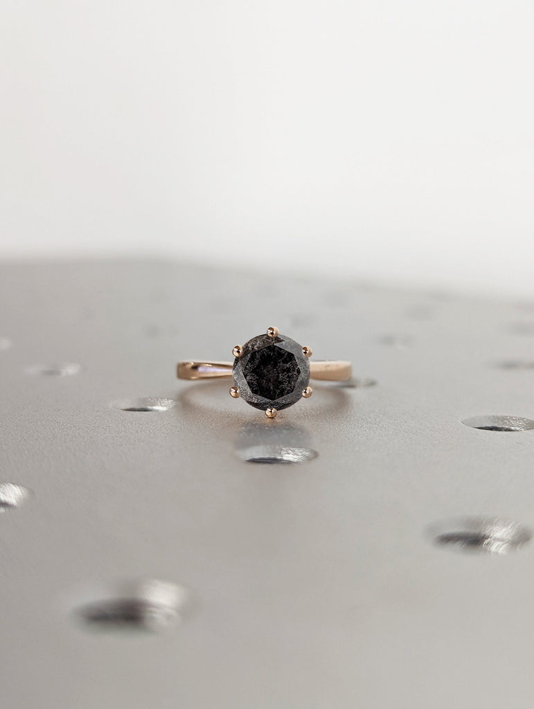 1920's Raw Salt and Pepper Diamond, Round Diamond Ring, Unique Engagement Bridal, Black, Gray Pear, 14k Yellow, Rose White Gold