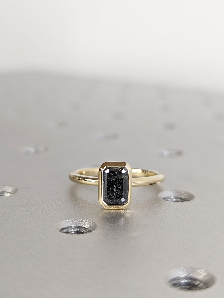 1CT Emerald Cut Salt And Pepper Diamond Solitaire Ring, 14K Yellow Gold Engagement Ring, Bezel Setting, Statement Ring, Gift For Her