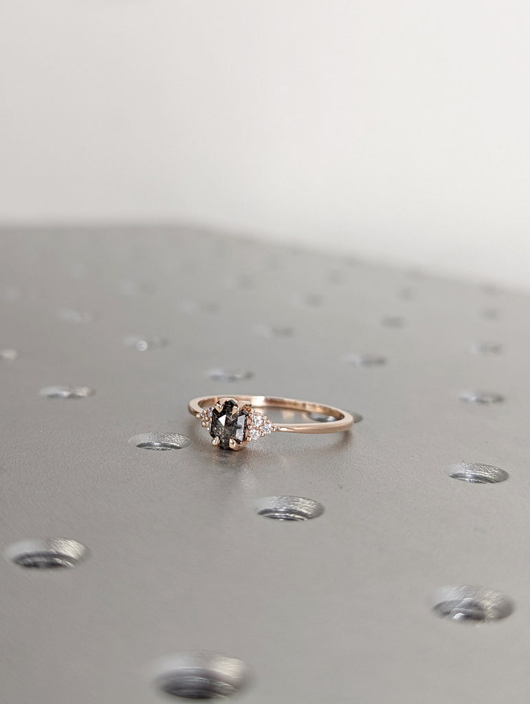 Vintage salt and pepper diamond engagement ring rose gold engagement ring diamond cluster ring wedding Bridal Anniversary Hexagon Cut