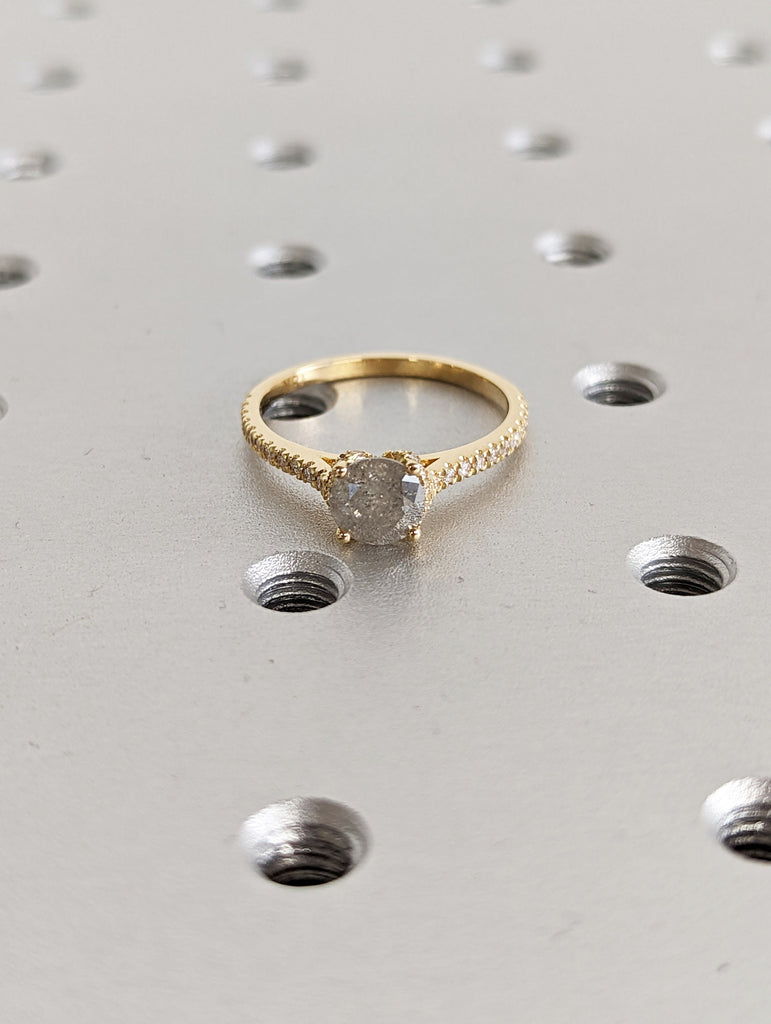 Vintage Hidden Halo Salt and Pepper Diamond Engagement Ring, Pave Accent Stack Ring, 14K Gold Ring For Women, Half Eternity Diamond Ring