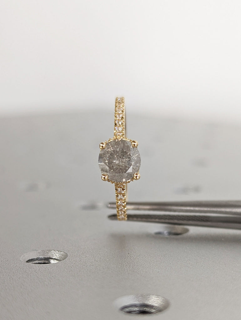 Salt and pepper engagement ring round cut vintage engagement ring prong set ring diamond ring rose gold anniversary ring