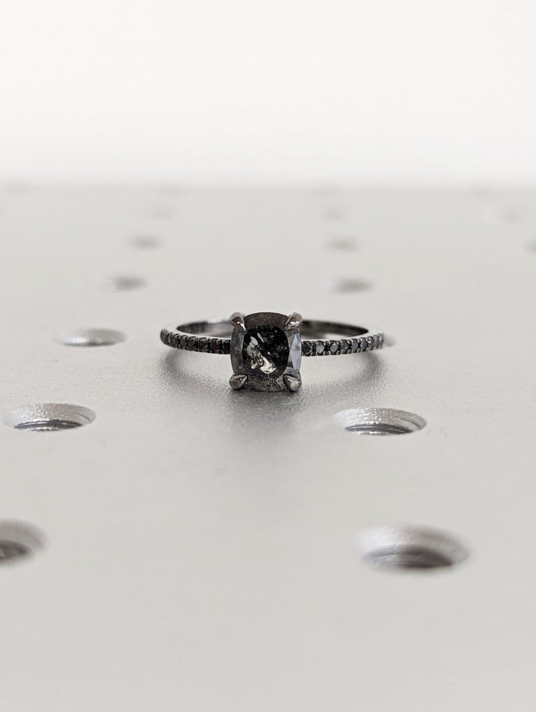 1.0 Carat 1920's Raw Salt and Pepper Diamond, Cushion Diamond Ring, Unique Engagement Bridal, Black, Gray 14k Black, Yellow, Rose White Gold