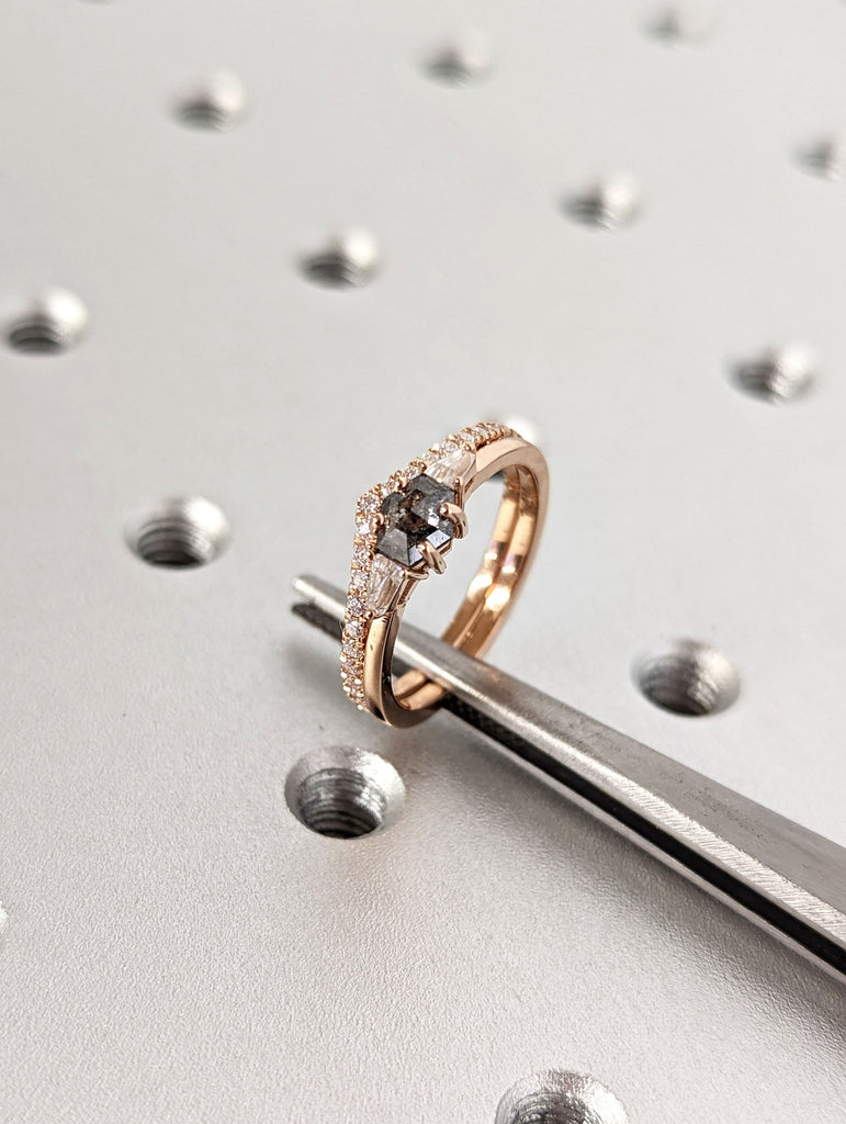 Vintage salt and pepper diamond engagement ring rose gold engagement ring diamond cluster ring wedding Bridal Set Anniversary Hexagon Cut