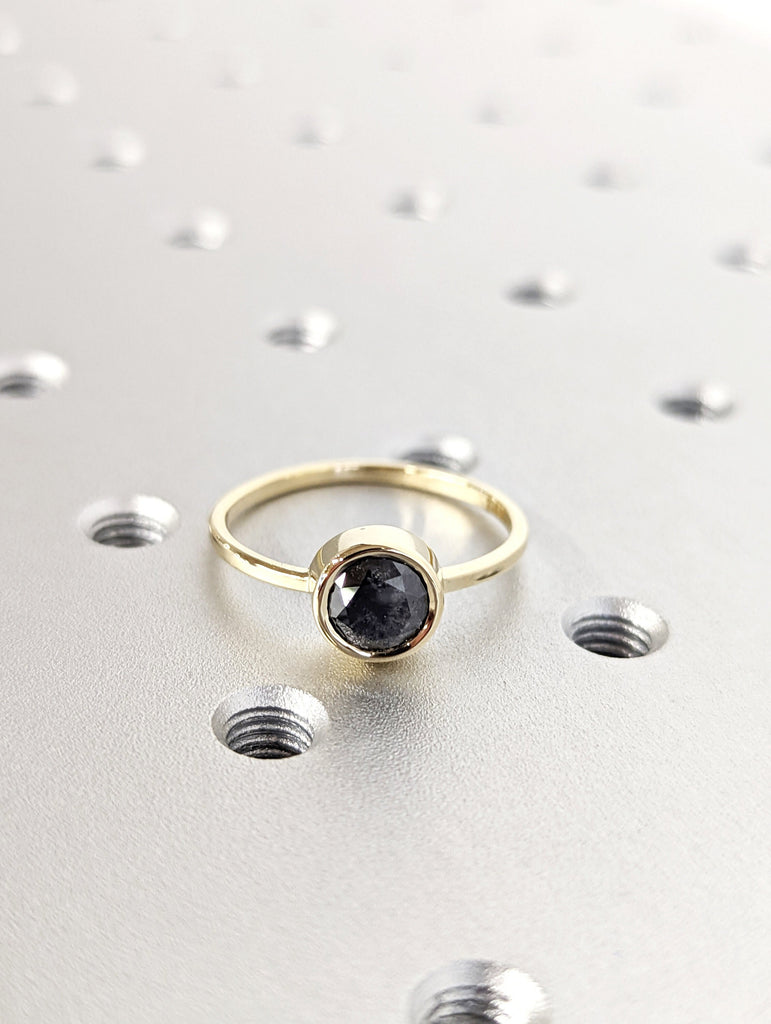 1.25 Carat Round Bezel Solitaire Ring Brilliant Cut Galaxy Salt And Pepper Diamond Engagement Ring Dainty Promise Ring Solitaire Bezel Ring