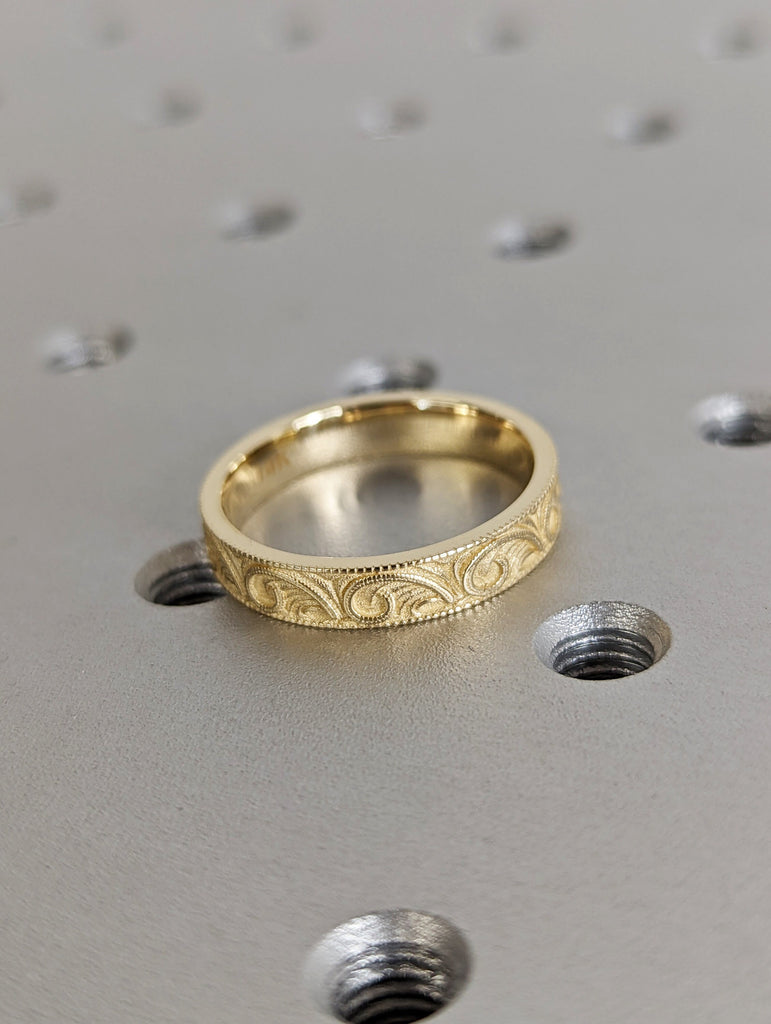 Gold Unique Engraved Wedding Ring, Art Deco Scroll Style Wedding Band, Hand Milgrain Men's Gold Ring, New Vintage 4mm Flat Wedding Ring