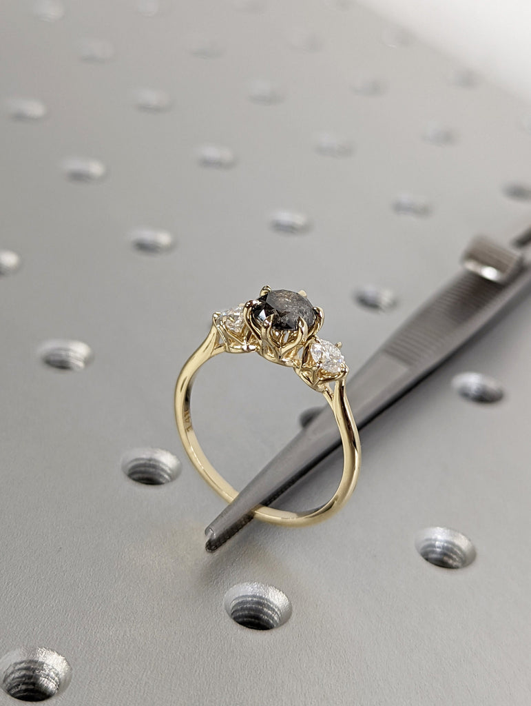 1 Carat 1920's Raw Salt and Pepper Diamond, Round Diamond Ring, Unique Engagement Bridal, Black, Gray Pear, 14k Yellow, Rose White Gold