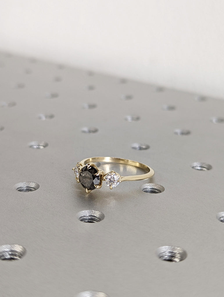 1 Carat 1920's Raw Salt and Pepper Diamond, Round Diamond Ring, Unique Engagement Bridal, Black, Gray Pear, 14k Yellow, Rose White Gold