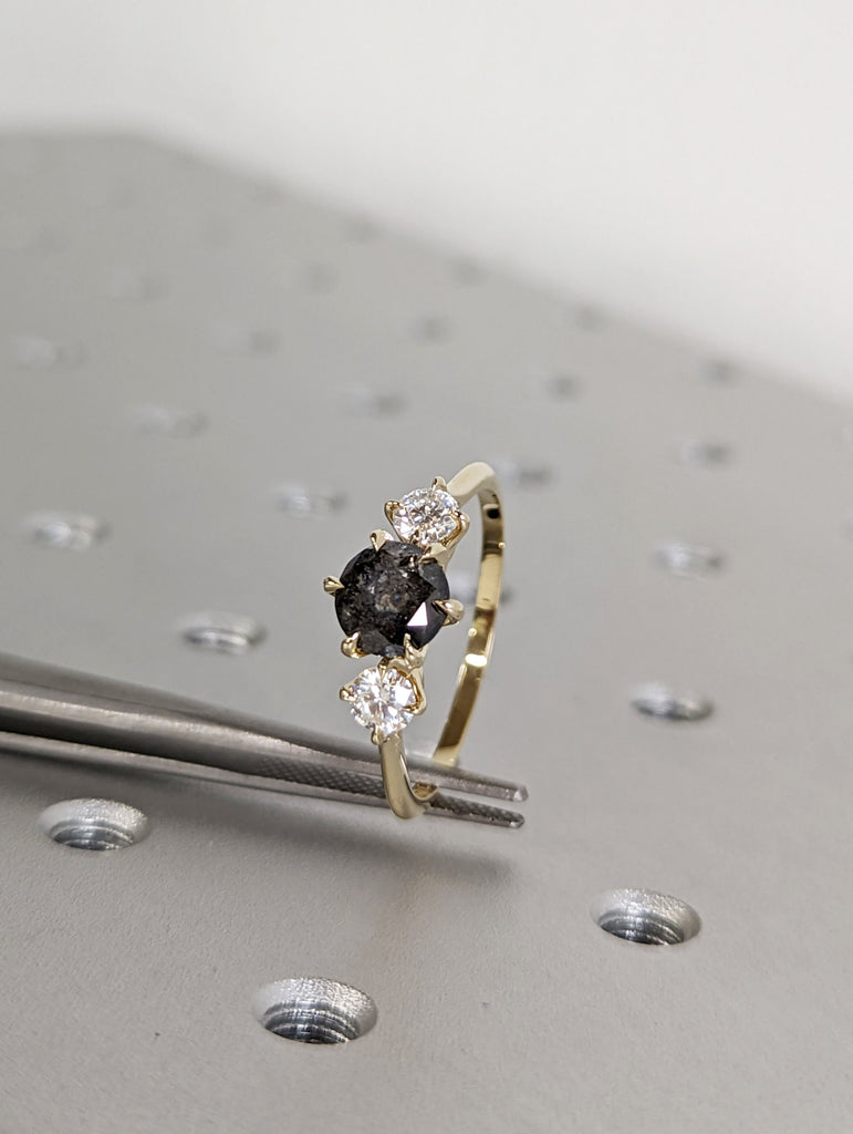 1 Carat 1920's Raw Salt and Pepper Diamond, Round Diamond Ring, Unique Engagement Bridal, Black, Gray Pear, 14k Yellow, Rose White Gold