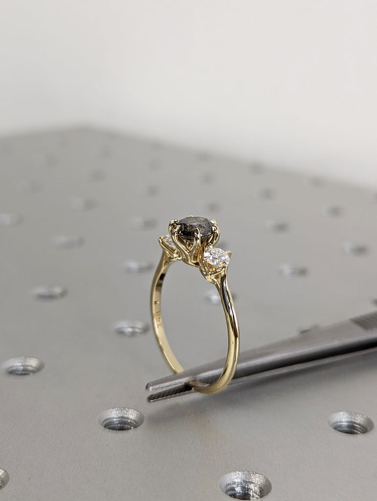 1 Carat 1920's Raw Salt and Pepper Diamond, Round Diamond Ring, Unique Engagement Bridal, Black, Gray Pear, 14k Yellow, Rose White Gold