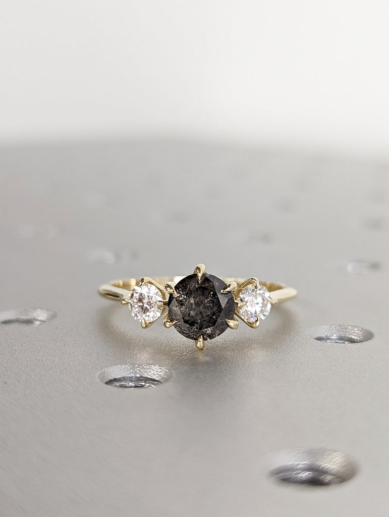 1 Carat 1920's Raw Salt and Pepper Diamond, Round Diamond Ring, Unique Engagement Bridal, Black, Gray Pear, 14k Yellow, Rose White Gold