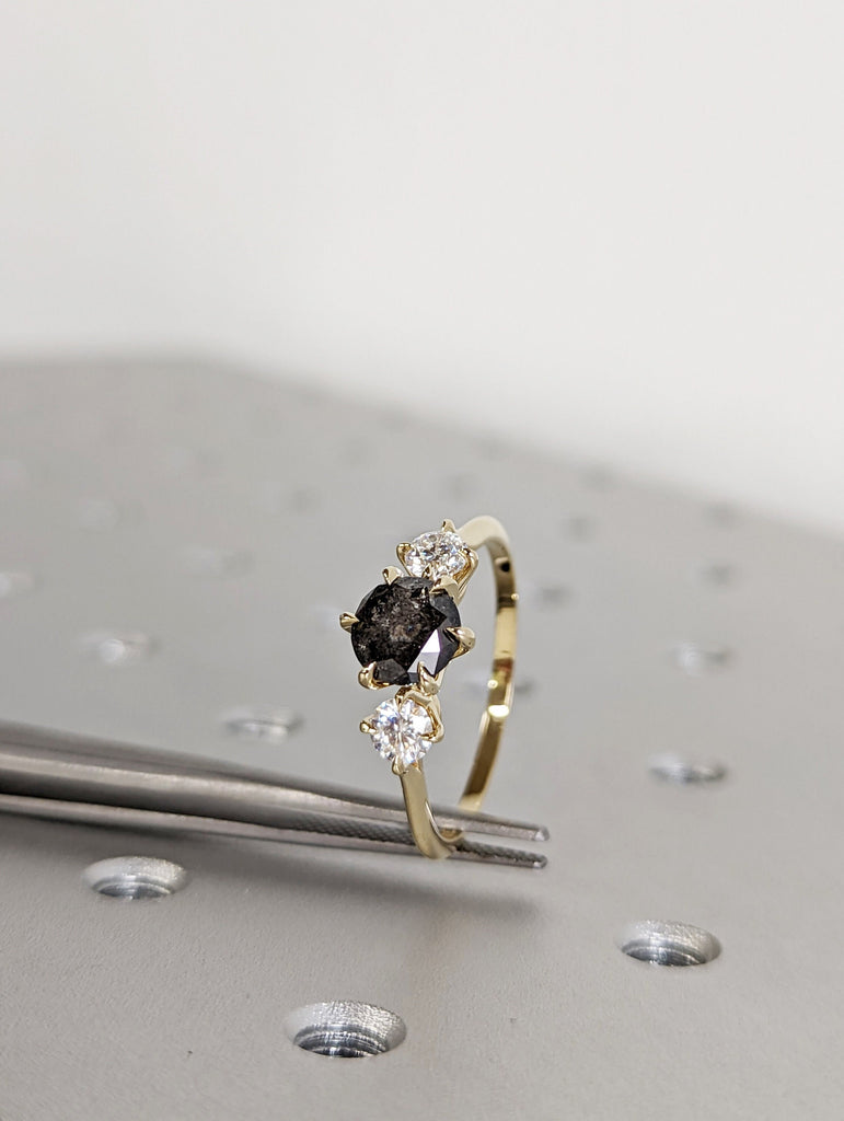 1 Carat 1920's Raw Salt and Pepper Diamond, Round Diamond Ring, Unique Engagement Bridal, Black, Gray Pear, 14k Yellow, Rose White Gold