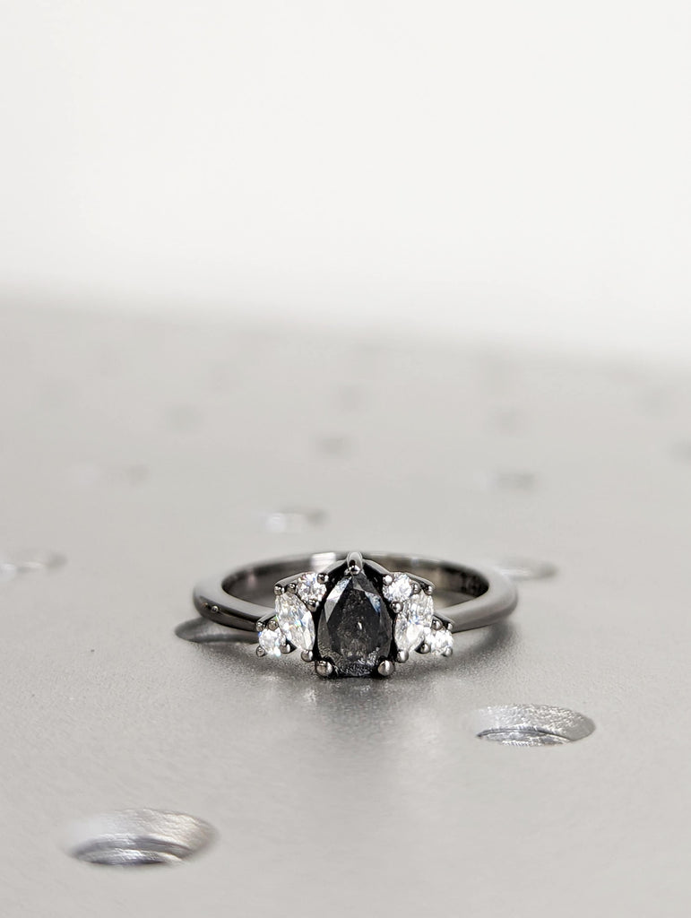 0.5ct Raw Salt and Pepper Diamond, Pear Diamond Ring, Unique Engagement Bridal Ring, Black, Gray Pear, 14k Yellow, Rose, or White Gold