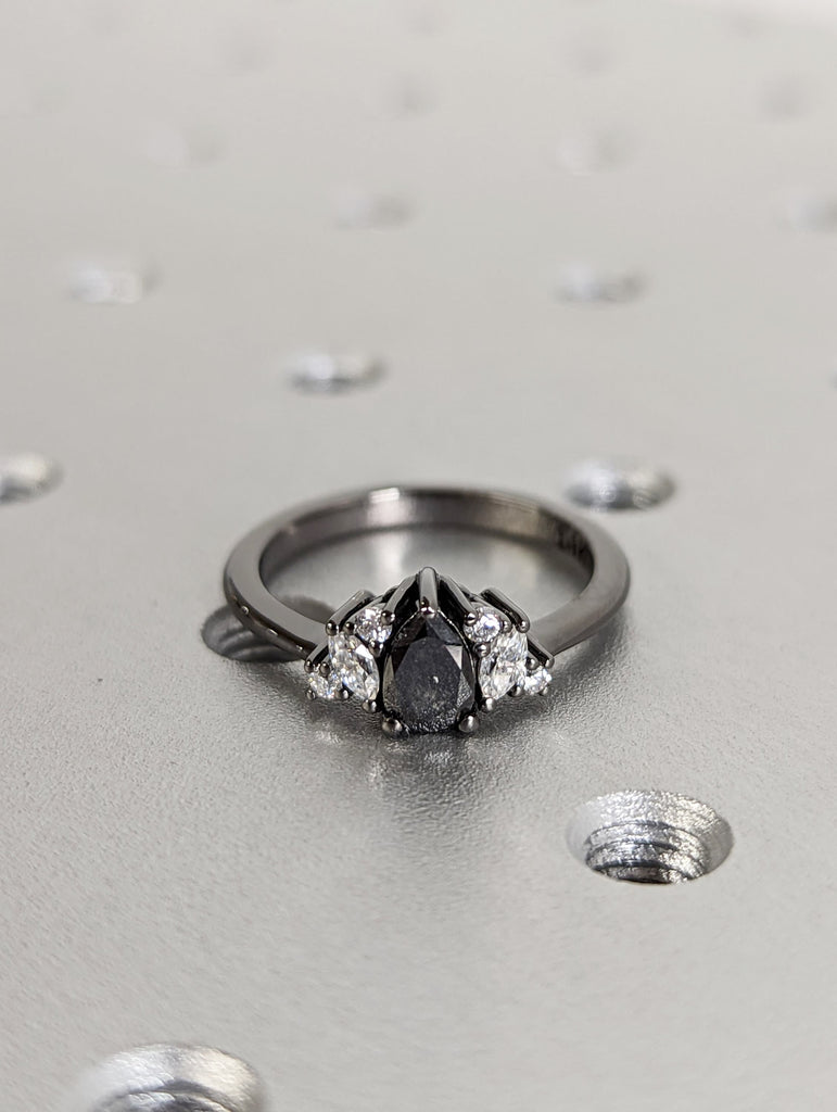 0.5ct Raw Salt and Pepper Diamond, Pear Diamond Ring, Unique Engagement Bridal Ring, Black, Gray Pear, 14k Yellow, Rose, or White Gold