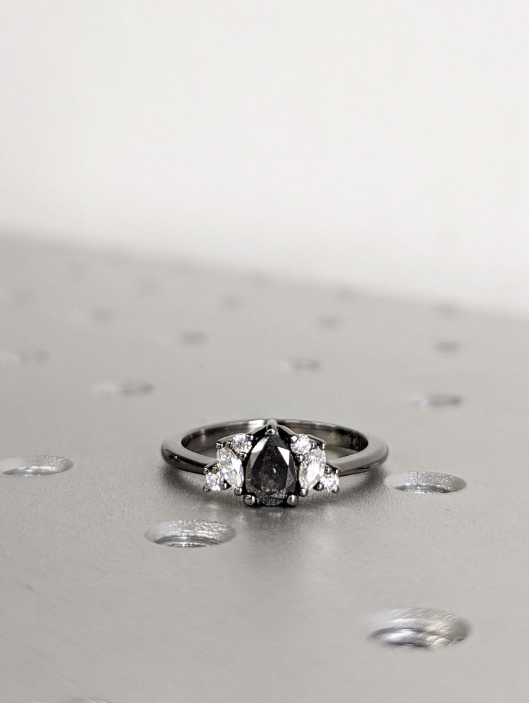 0.5ct Raw Salt and Pepper Diamond, Pear Diamond Ring, Unique Engagement Bridal Ring, Black, Gray Pear, 14k Yellow, Rose, or White Gold