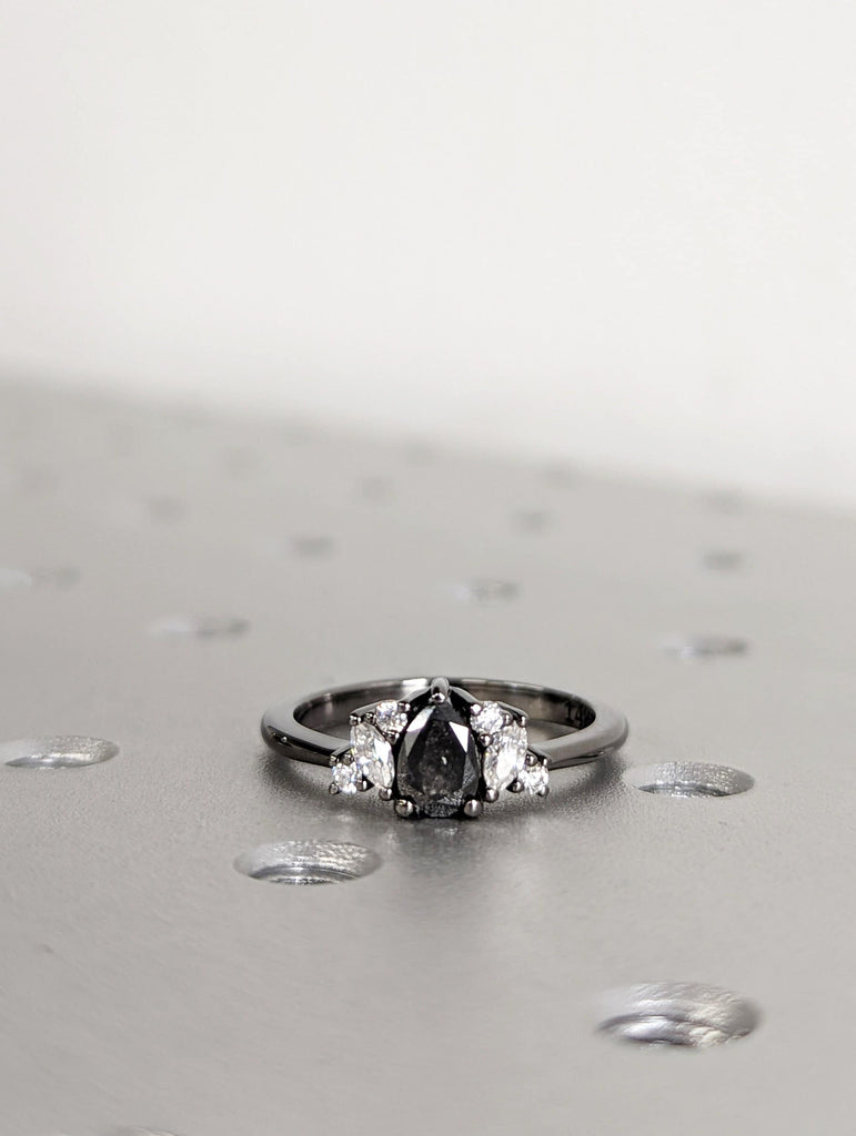 0.5ct Raw Salt and Pepper Diamond, Pear Diamond Ring, Unique Engagement Bridal Ring, Black, Gray Pear, 14k Yellow, Rose, or White Gold