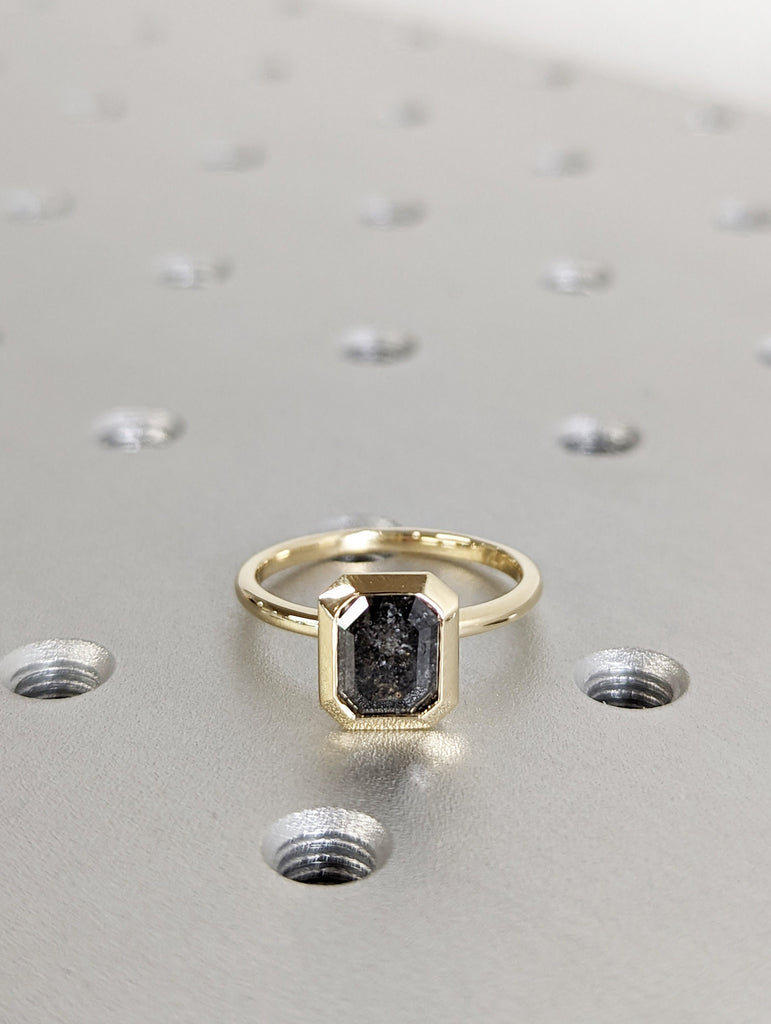 1.5CT Emerald Cut Salt And Pepper Diamond Solitaire Ring, 14K Yellow Gold Engagement Ring, Bezel Setting, Statement Ring, Gift For Her