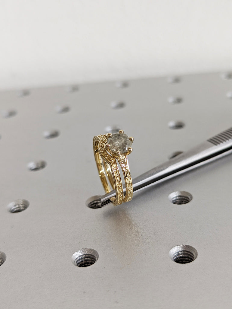 Raw Salt and Pepper Diamond Rose /White /Yellow Gold Engagement Ring Art Deco 1920's Inspired Thin Petite Band 14k Unique Bridal Set for Her