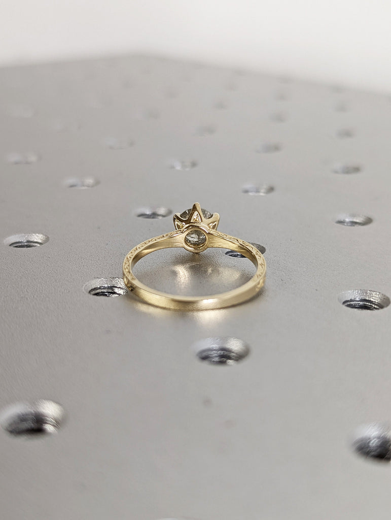 Raw Salt and Pepper Diamond Rose /White /Yellow Gold Engagement Ring Art Deco 1920's Inspired Thin Petite Band 14k Unique Bridal Set for Her