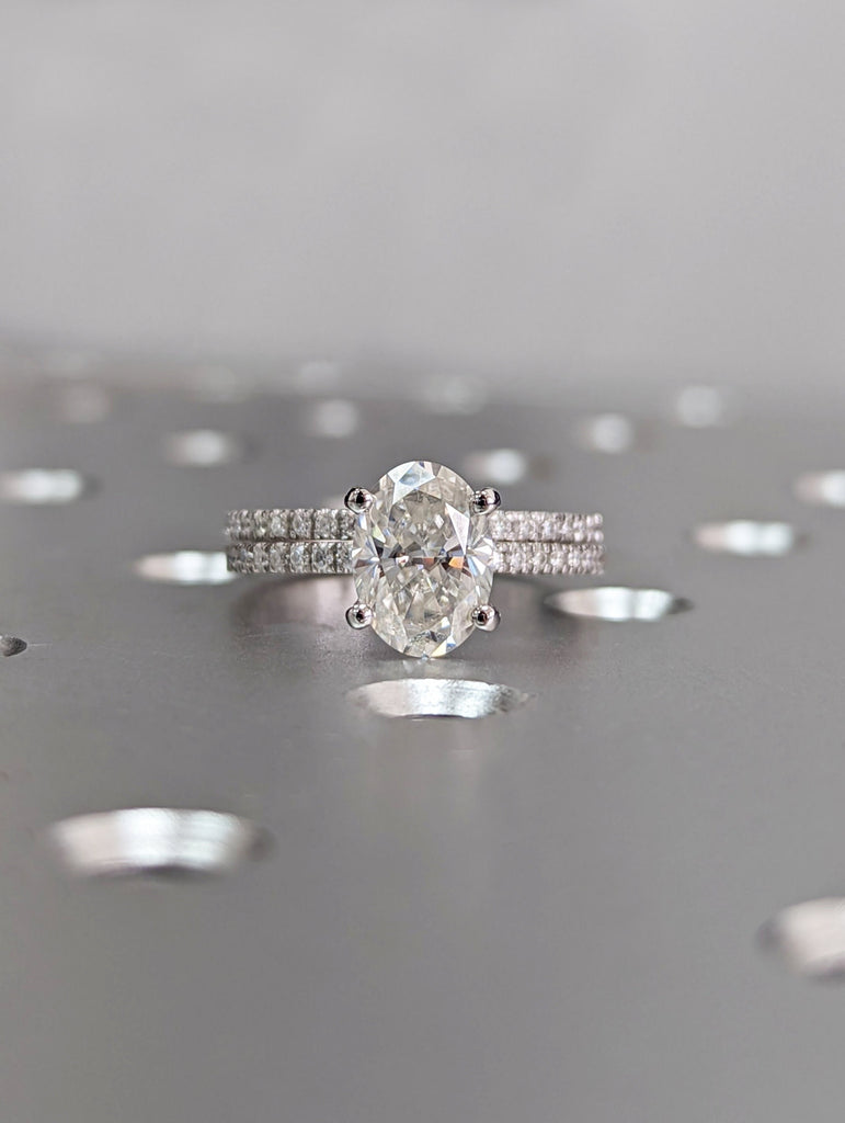 1.5cts Moissanite Oval Engagement Ring,14K White Gold Half Eternity Diamond Wedding Band, Stacking Ring, Diamond Halo, Dainty Wedding Ring