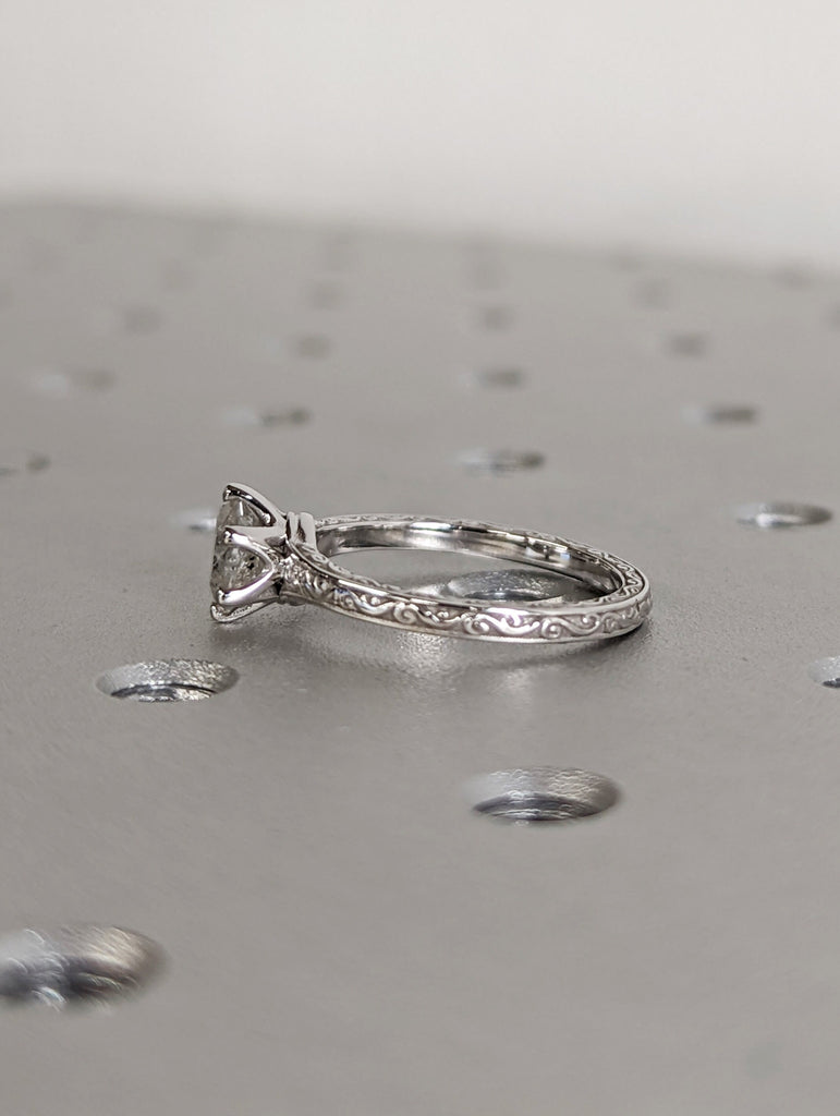 Light Raw Salt and Pepper Diamond Rose /White /Yellow Gold Engagement Ring Art Deco 1920's Inspired Thin Petite Band 14k Unique Ring for Her