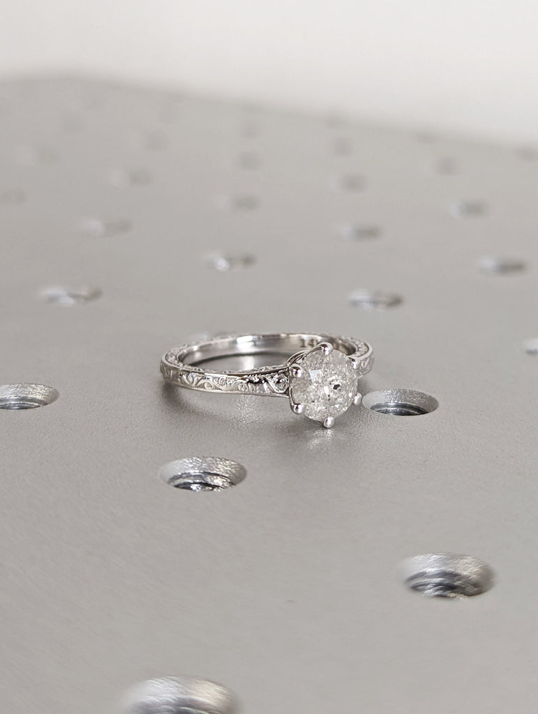 Light Raw Salt and Pepper Diamond Rose /White /Yellow Gold Engagement Ring Art Deco 1920's Inspired Thin Petite Band 14k Unique Ring for Her