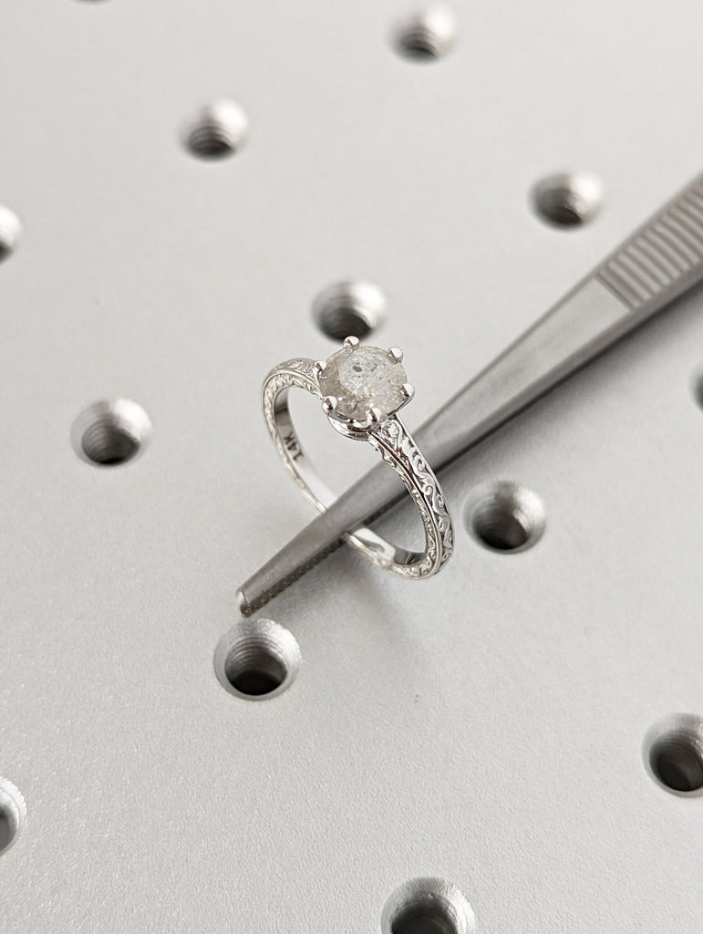 Light Raw Salt and Pepper Diamond Rose /White /Yellow Gold Engagement Ring Art Deco 1920's Inspired Thin Petite Band 14k Unique Ring for Her