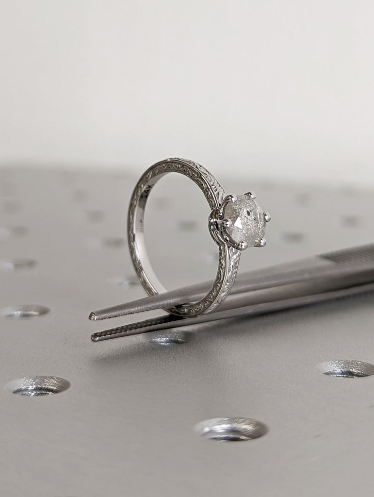 Light Raw Salt and Pepper Diamond Rose /White /Yellow Gold Engagement Ring Art Deco 1920's Inspired Thin Petite Band 14k Unique Ring for Her