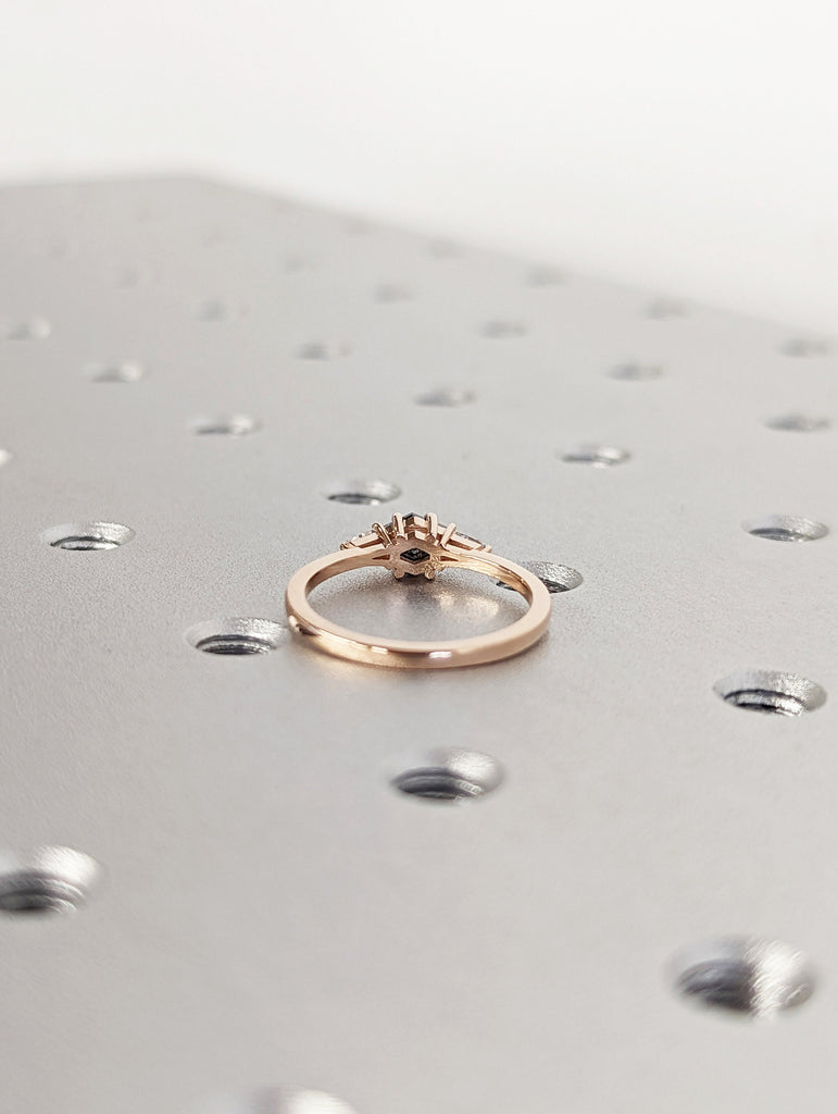 Dainty Three Stone Promise Ring, Engagement Ring, Wedding Anniversary Band, 14K Solid Gold, Hexagon baguette Salt and pepper diamond ring
