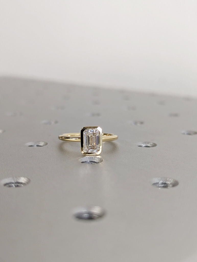 1CT Emerald Cut Moissanite Solitaire Ring, 14K Yellow Gold Engagement Ring, Bezel Setting, Statement Ring, Gift For Her, Bridal Set