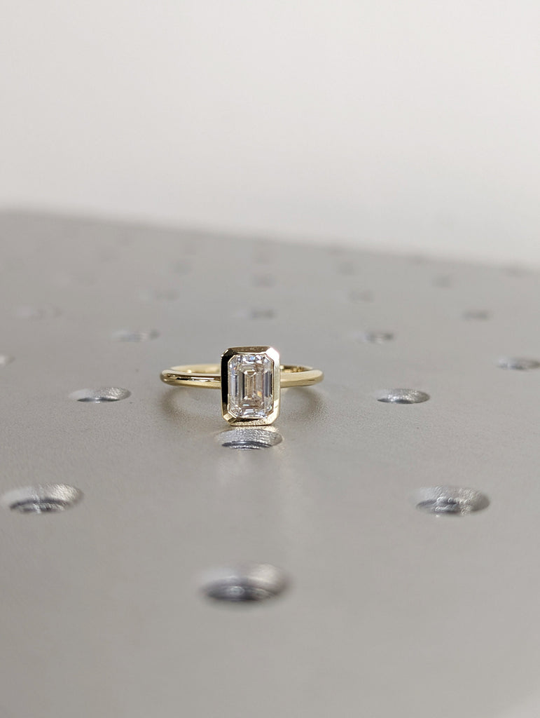 1CT Emerald Cut Moissanite Solitaire Ring, 14K Yellow Gold Engagement Ring, Bezel Setting, Statement Ring, Gift For Her, Bridal Set