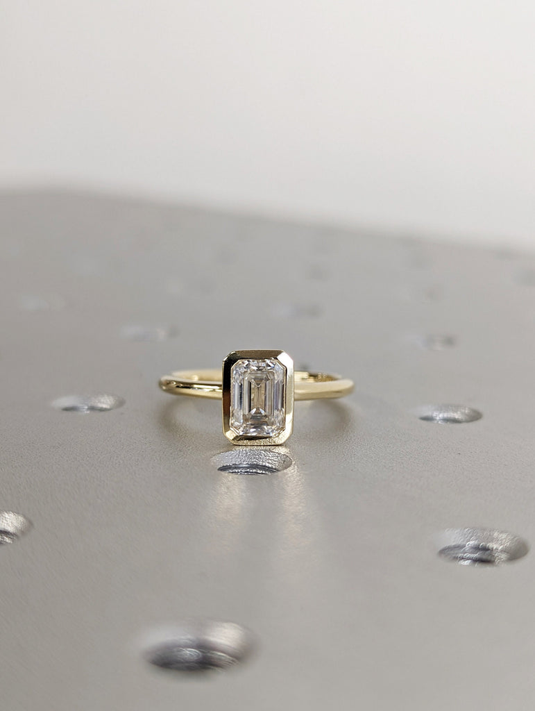 1CT Emerald Cut Moissanite Solitaire Ring, 14K Yellow Gold Engagement Ring, Bezel Setting, Statement Ring, Gift For Her, Bridal Set