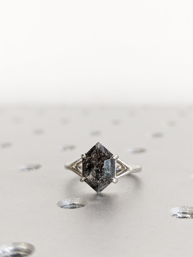 Galaxy Raw Diamond Hexagon Statement Diamond, Salt and Pepper, Unique Bridal Engagement, Rose Cut Geometric Diamond Ring, 14k white gold