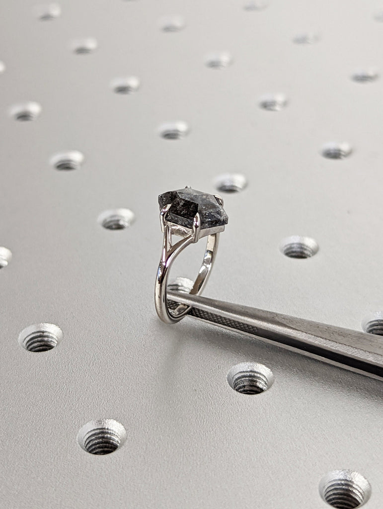 Galaxy Raw Diamond Hexagon Statement Diamond, Salt and Pepper, Unique Bridal Engagement, Rose Cut Geometric Diamond Ring, 14k white gold