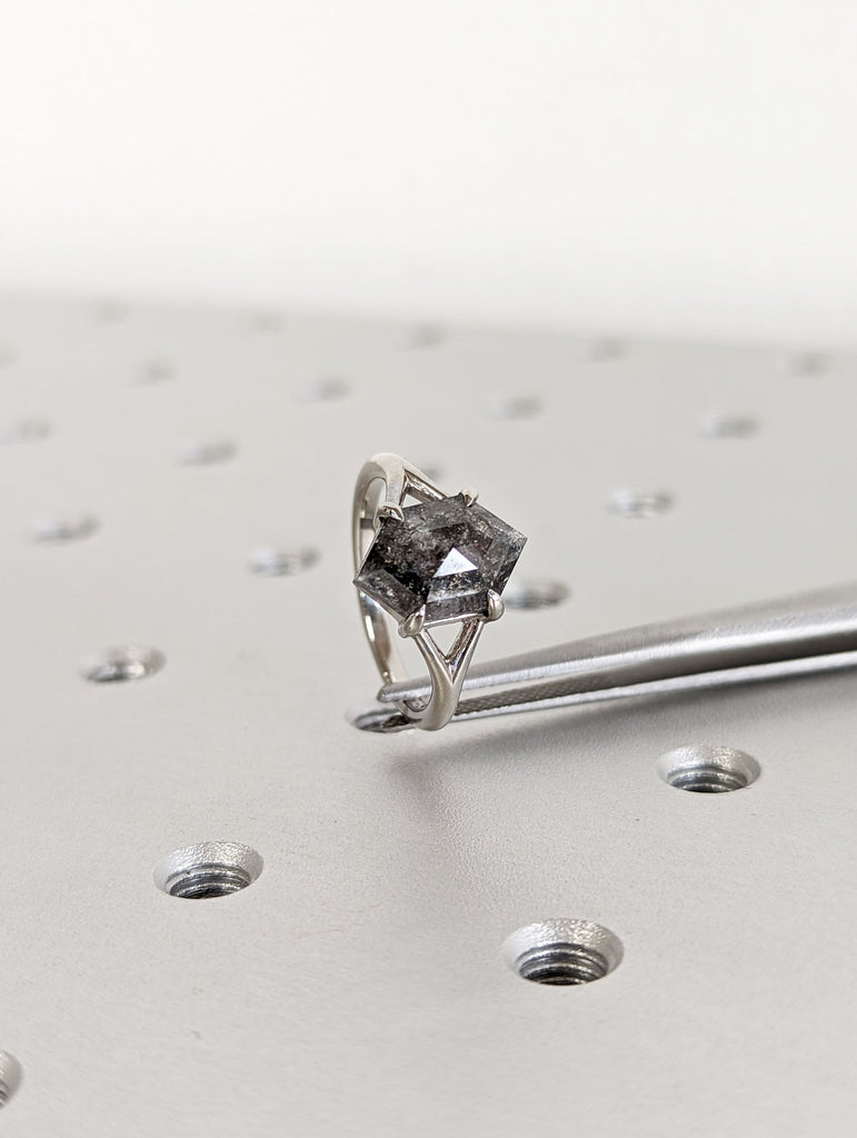 Galaxy Raw Diamond Hexagon Statement Diamond, Salt and Pepper, Unique Bridal Engagement, Rose Cut Geometric Diamond Ring, 14k white gold