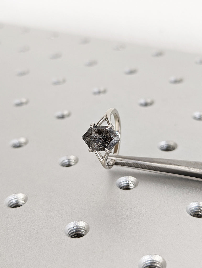 Galaxy Raw Diamond Hexagon Statement Diamond, Salt and Pepper, Unique Bridal Engagement, Rose Cut Geometric Diamond Ring, 14k white gold