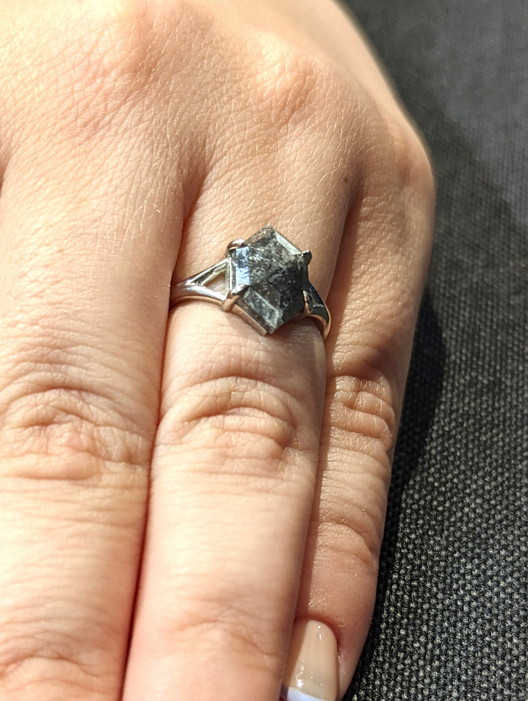 Galaxy Raw Diamond Hexagon Statement Diamond, Salt and Pepper, Unique Bridal Engagement, Rose Cut Geometric Diamond Ring, 14k white gold