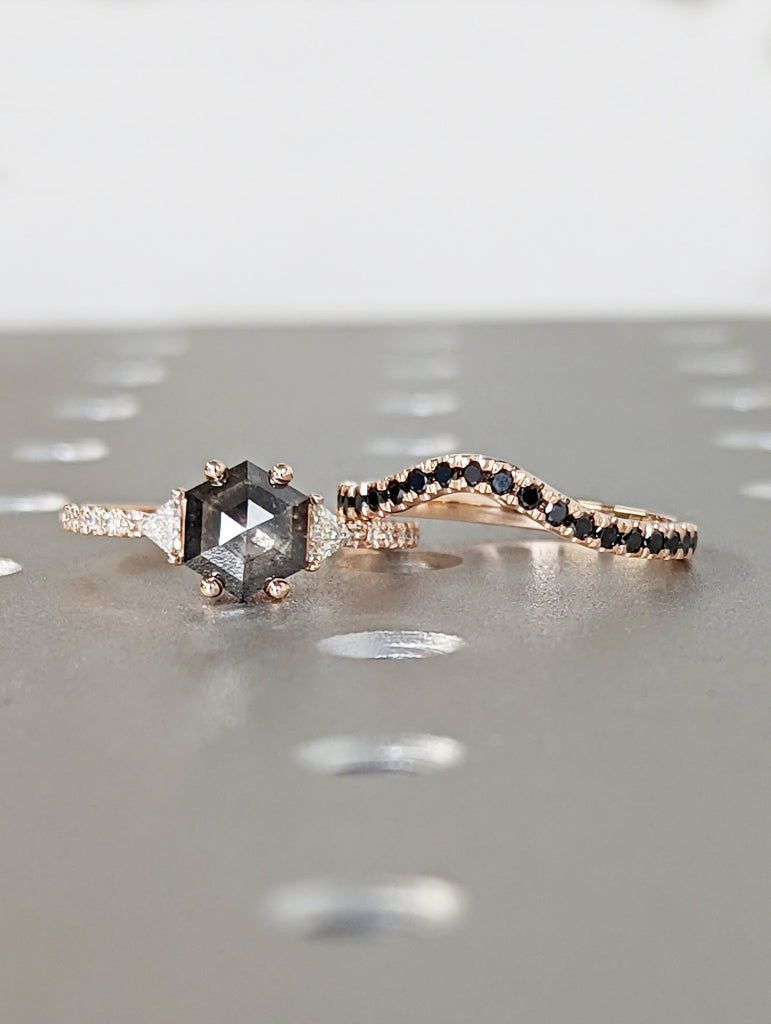 Raw Diamond Hexagon Triangle Diamond, Salt and Pepper, Unique Engagement Ring, Rose Cut Geometric Diamond Ring, 14k Gold, Custom Handmade