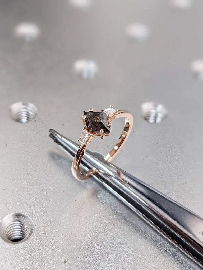 Vintage Salt and pepper diamond engagement ring rose gold Unique Kite Shaped ring Baguette diamond bridal ring Anniversary ring