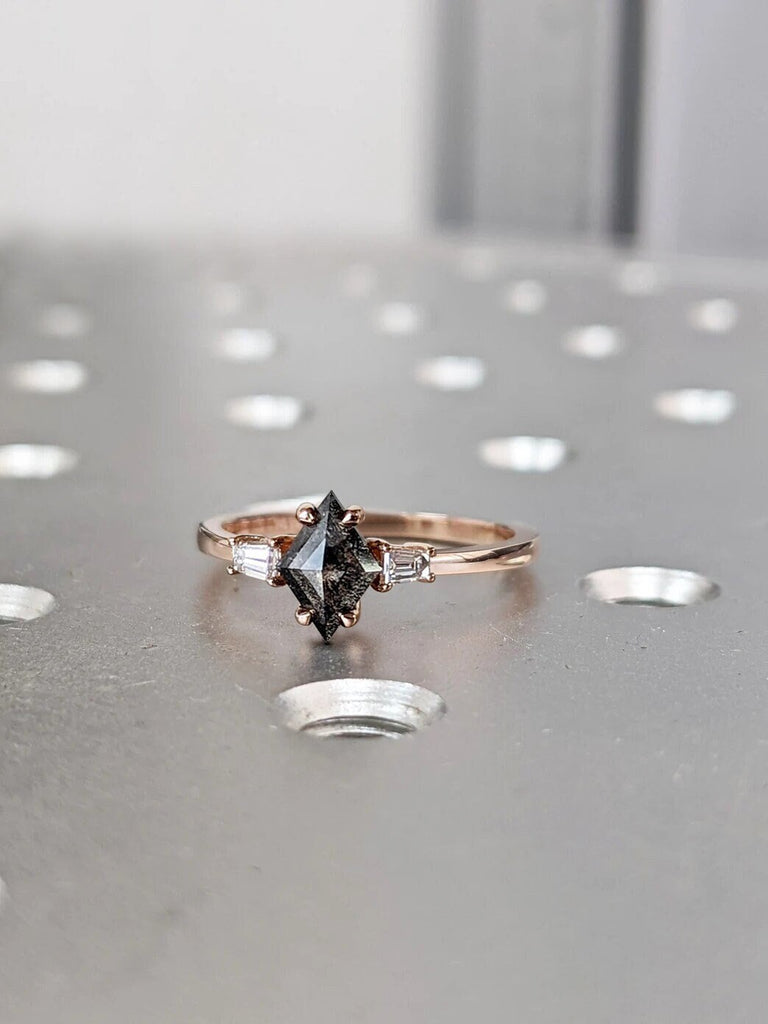 Vintage Salt and pepper diamond engagement ring rose gold Unique Kite Shaped ring Baguette diamond bridal ring Anniversary ring