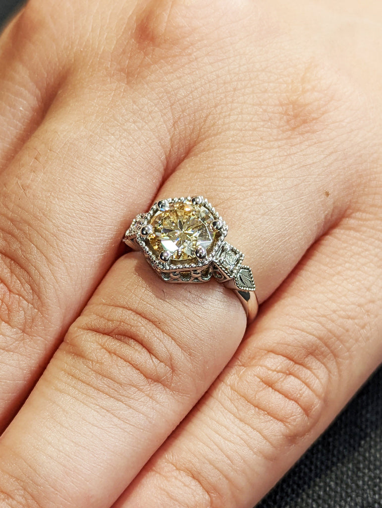 Vintage yellow moissanite engagement ring 14k white gold diamond Art deco wedding ring Vintage Filigree Ring engagement anniversary promise