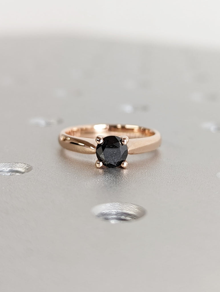 Galaxy Raw Salt and Pepper Diamond Ring- Round Cut Diamond Engagement Ring- Unique Bridal Diamond Promise Ring Rose Gold Simple Promise Ring