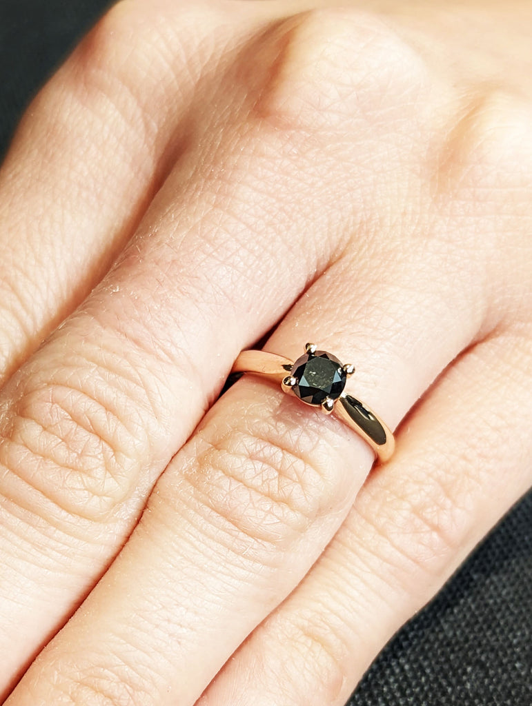 Black Diamond Solitaire Ring, Round Cut Diamond Solitaire, Black Diamond Rose Gold Ring, Solid Gold Black Diamond Ring, Simple Promise Ring