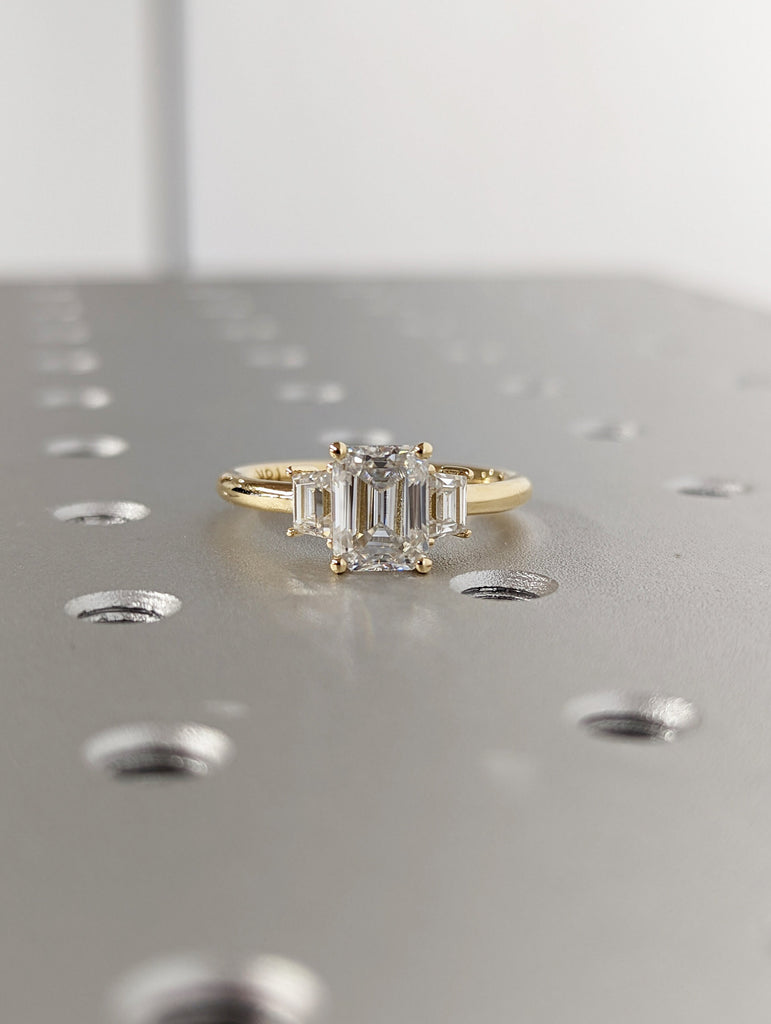 Three Stone Emerald Cut Moissanite Engagement Ring, Side Trapezoid Moissanite, Three Stone Engagement Ring, Emerald Cut and trapezoid Cut