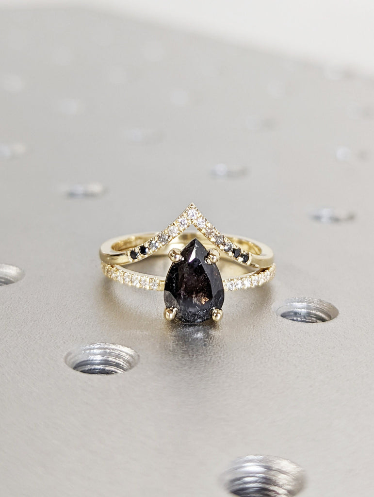 1.5 Carat 1920's Raw Salt and Pepper Diamond, Pear Diamond Ring, Unique Engagement Bridal Set, Black, Gray Pear, 14k Yellow, Rose White Gold