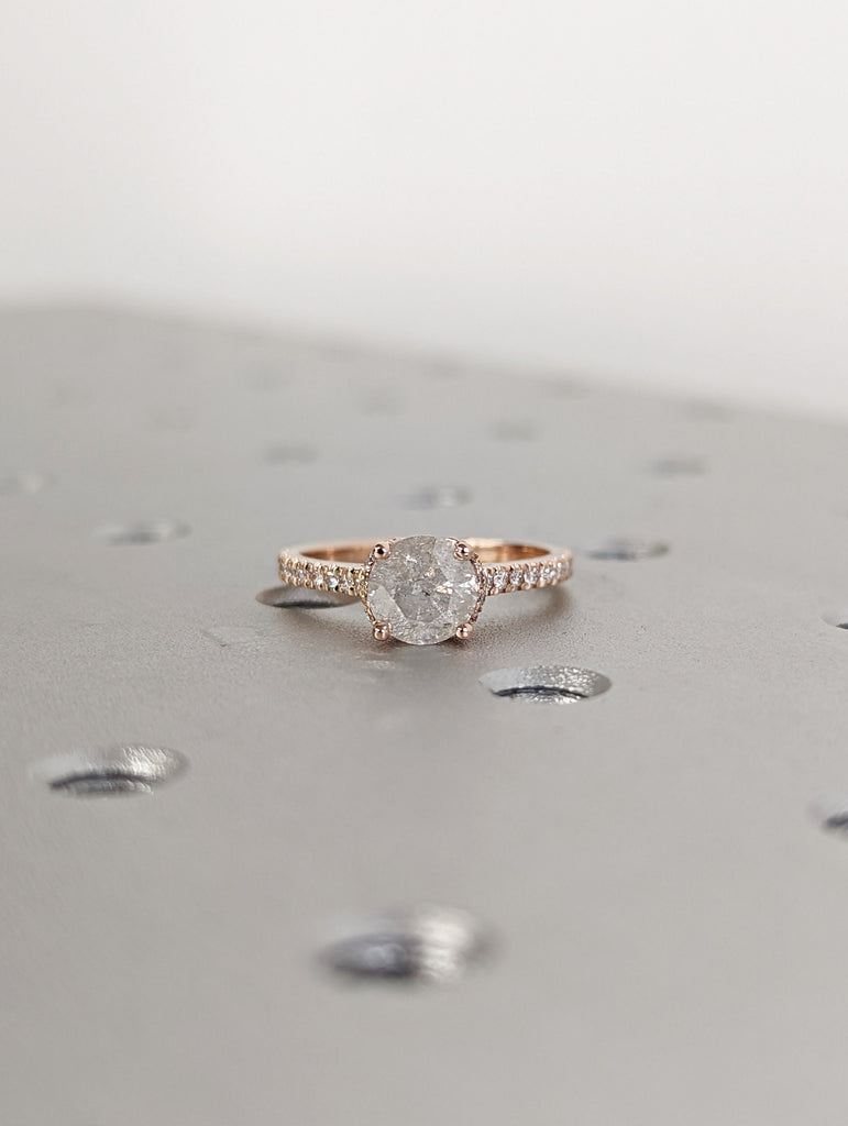 Salt and Pepper diamond engagement ring-4 prong solitaire ring-diamond-Salt and pepper ring-Grey diamond ring Hidden Halo Vintage Ring