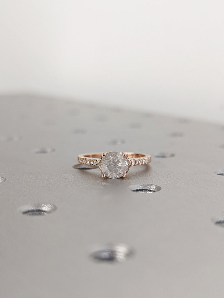 Salt and Pepper diamond engagement ring-4 prong solitaire ring-diamond-Salt and pepper ring-Grey diamond ring Hidden Halo Vintage Ring