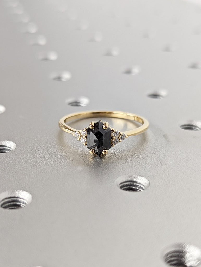 Raw Diamond Hexagon Round Diamond, Salt and Pepper, Unique Engagement Ring, Rose Cut Geometric Diamond Ring, 14k Gold, Custom Handmade