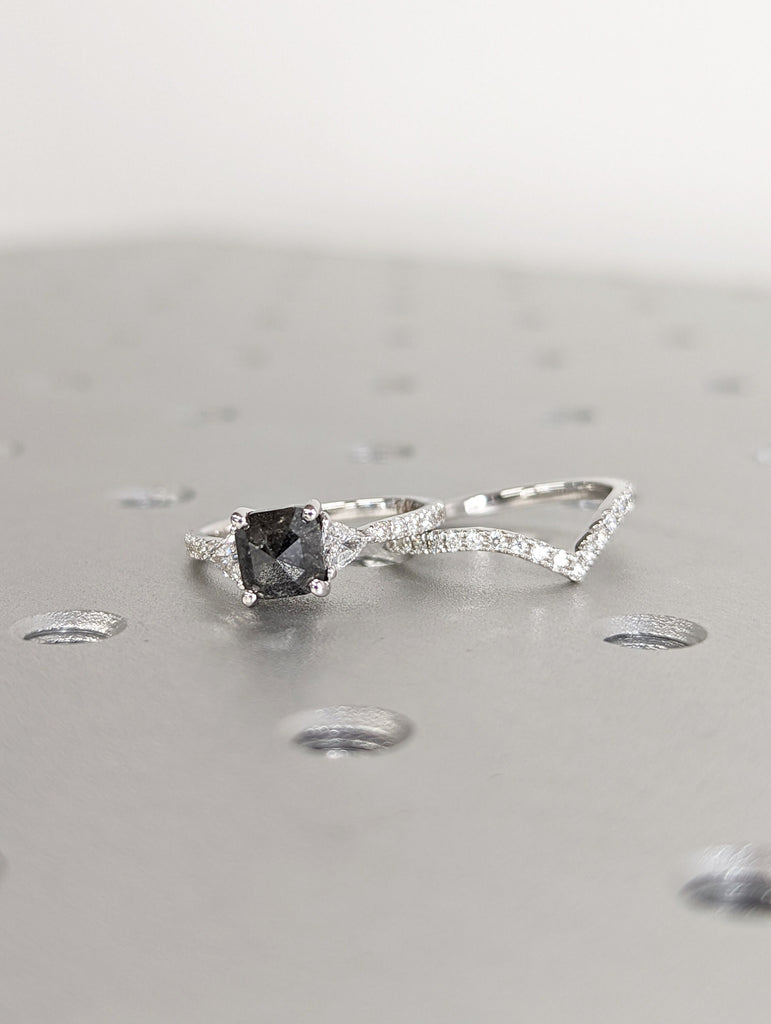 Raw Diamond Cushion Triangle Diamond, Salt and Pepper, Unique Engagement Ring, Rose Cut Geometric Diamond Ring, 14k Gold, Custom Handmade