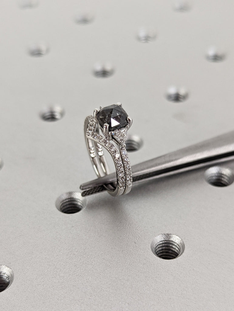 Raw Diamond Cushion Triangle Diamond, Salt and Pepper, Unique Engagement Ring, Rose Cut Geometric Diamond Ring, 14k Gold, Custom Handmade