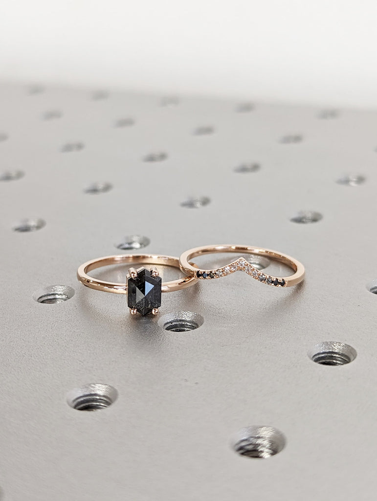Raw Diamond, Salt and Pepper, Hexagon, Unique Engagement Ring, Bridal Set, Rose Cut Geometric Diamond Ring, 14k Gold, Custom Handmade